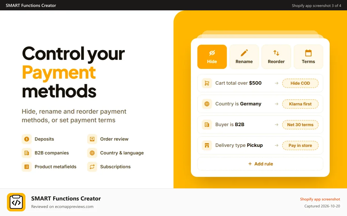 SMART Functions Creator Shopify app screenshot: Control and customize payment methods using Shopify Functions