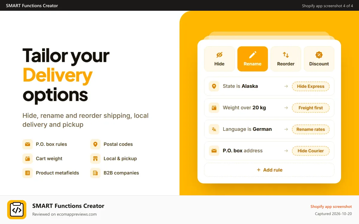 SMART Functions Creator Shopify app screenshot: Set flexible delivery customizations options for every order