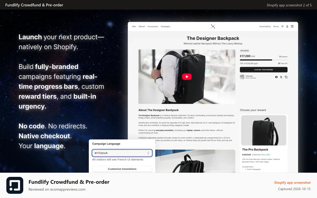 Fundlify Crowdfund & Pre‑order Shopify app screenshot: Powerful crowdfunding campaigns.
