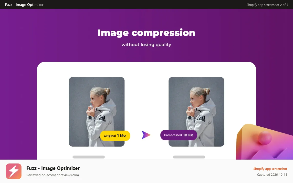 Fuzz ‑ Image Optimizer Shopify app screenshot: Image compression