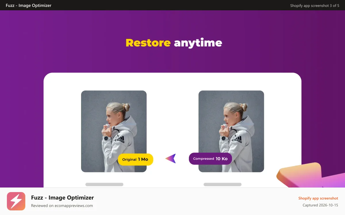 Fuzz ‑ Image Optimizer Shopify app screenshot: Restore