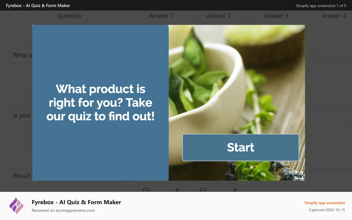 Fyrebox ‑ AI Quiz & Form Maker Shopify app screenshot: Quiz Start Page