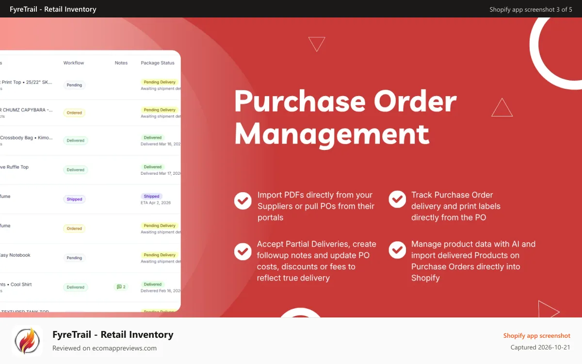 FyreTrail ‑ Retail Inventory Shopify app screenshot: Purchase Order Management