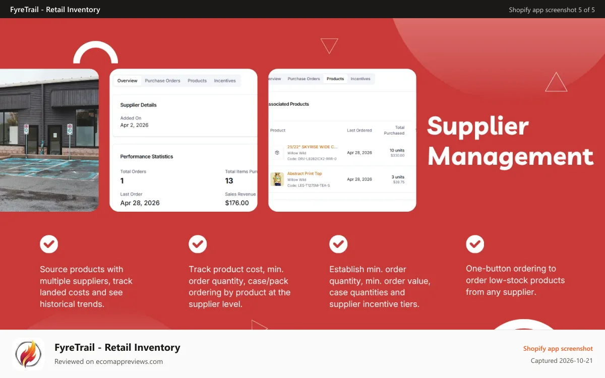 FyreTrail ‑ Retail Inventory Shopify app screenshot: Supplier / Product Management