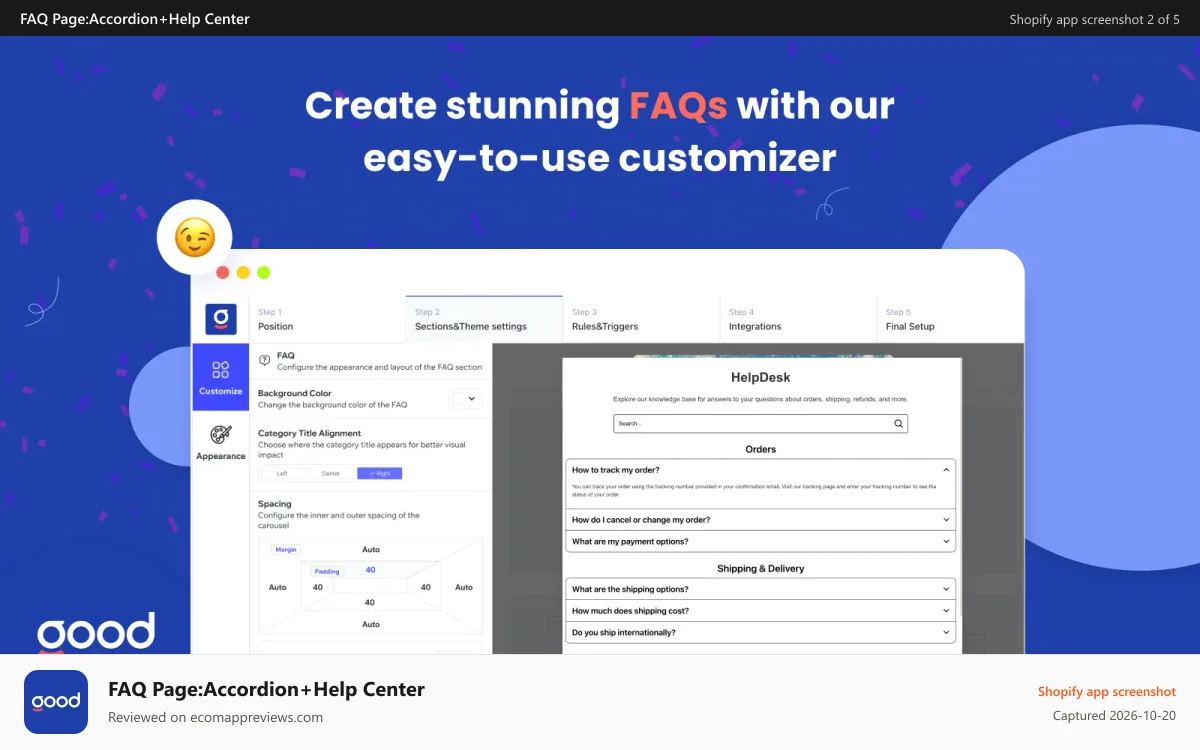 FAQ Page:Accordion+Help Center Shopify app screenshot: Easy-to-use Customizer