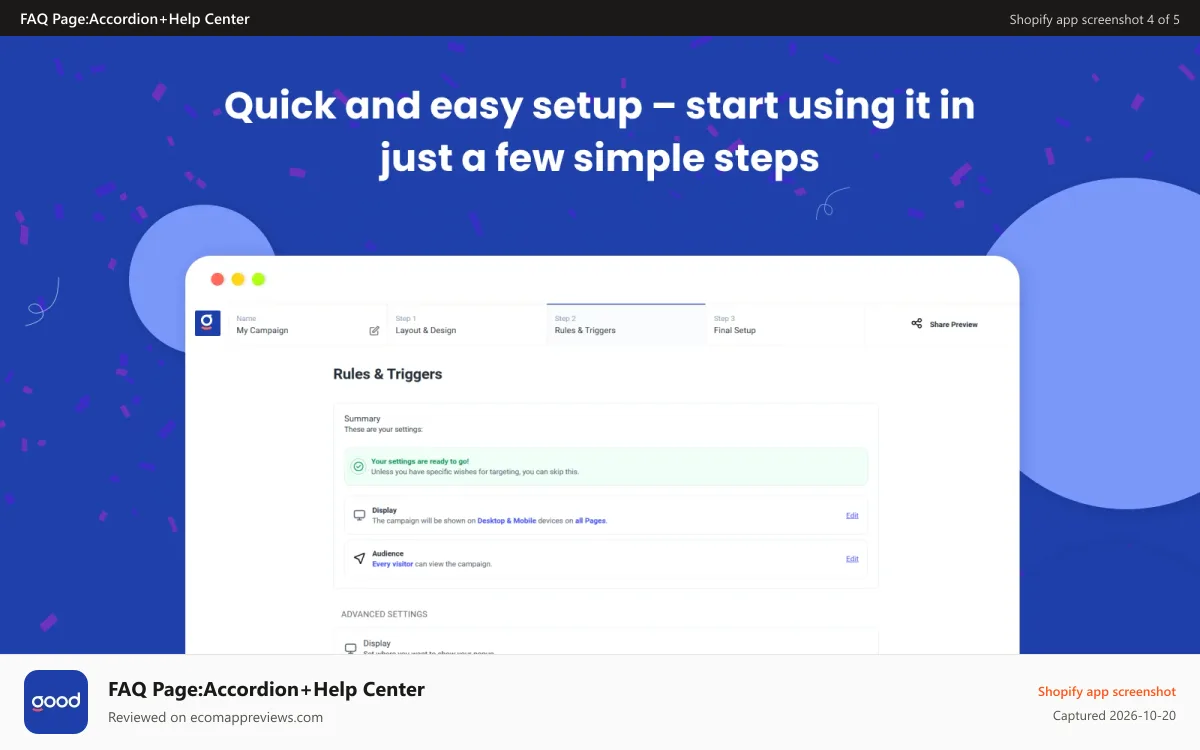 FAQ Page:Accordion+Help Center Shopify app screenshot: Easy to set up