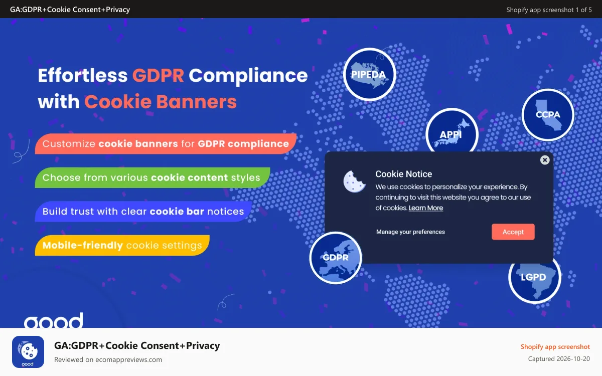 GA:GDPR+Cookie Consent+Privacy Shopify app screenshot: Banner