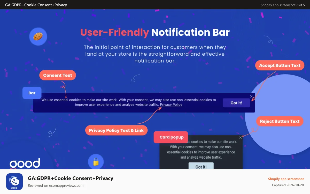 GA:GDPR+Cookie Consent+Privacy Shopify app screenshot: User-friendly