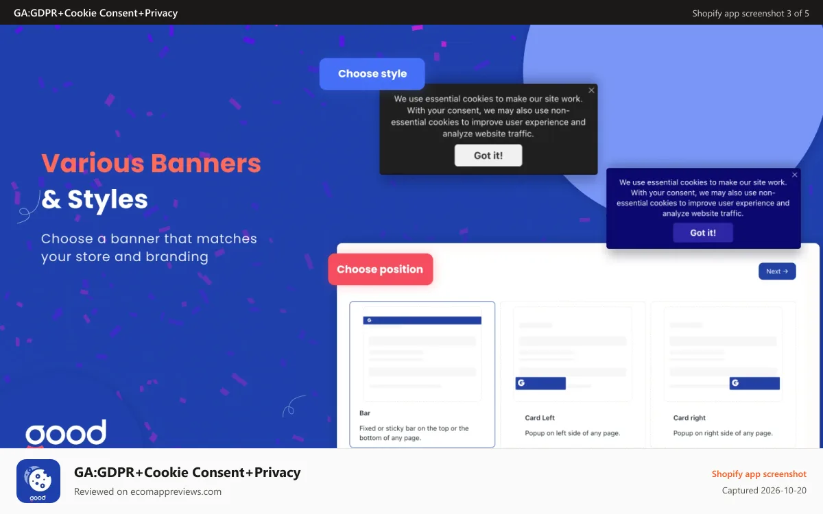 GA:GDPR+Cookie Consent+Privacy Shopify app screenshot: Various styles