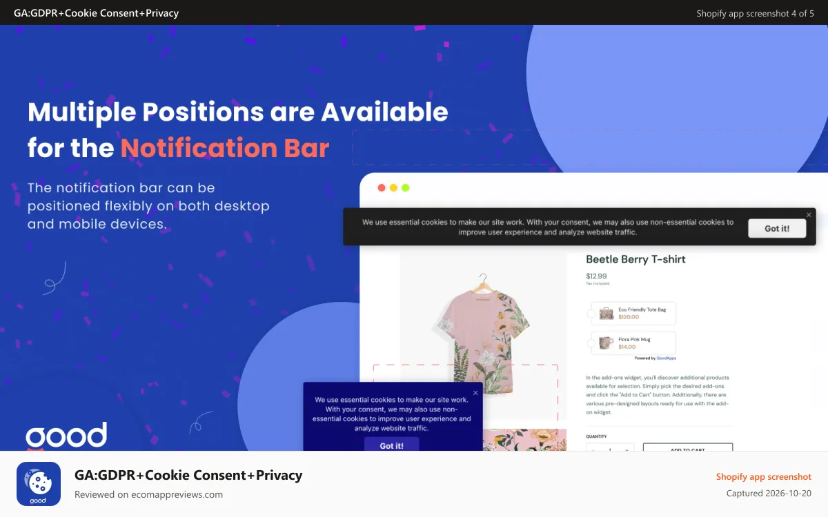 GA:GDPR+Cookie Consent+Privacy Shopify app screenshot: Multiple positions