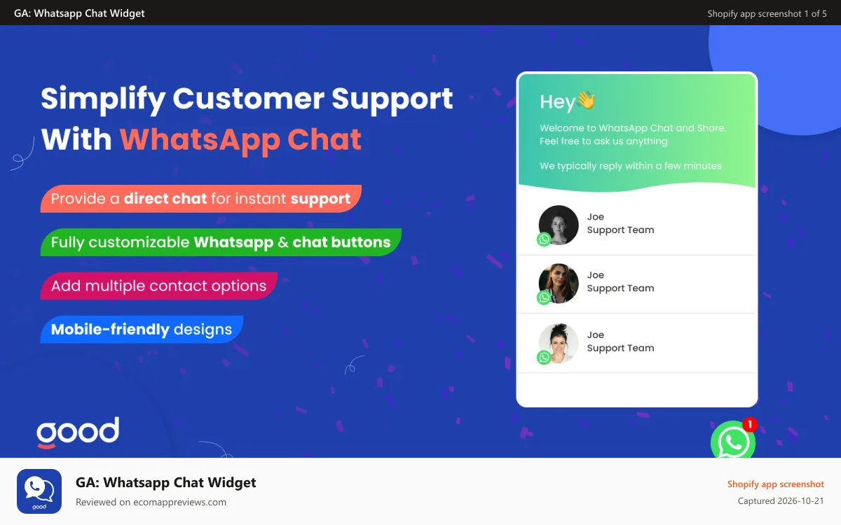 GA: Whatsapp Chat Widget Shopify app screenshot: Banner