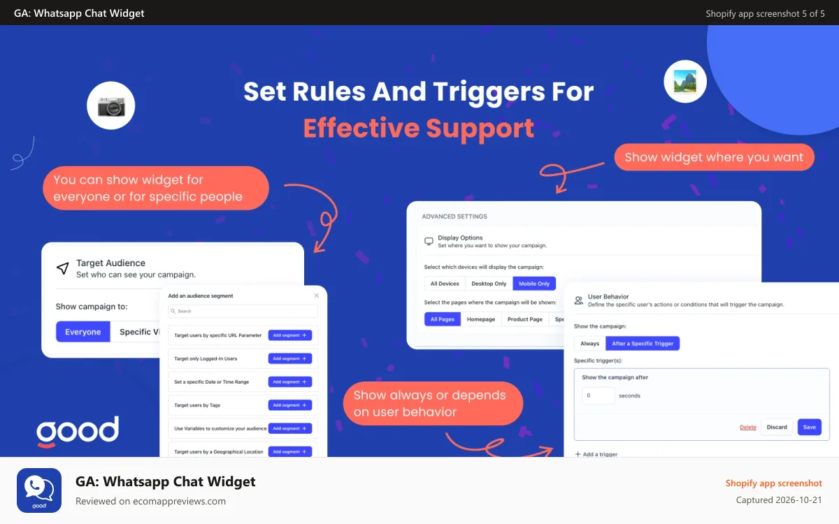 GA: Whatsapp Chat Widget Shopify app screenshot: Triggers