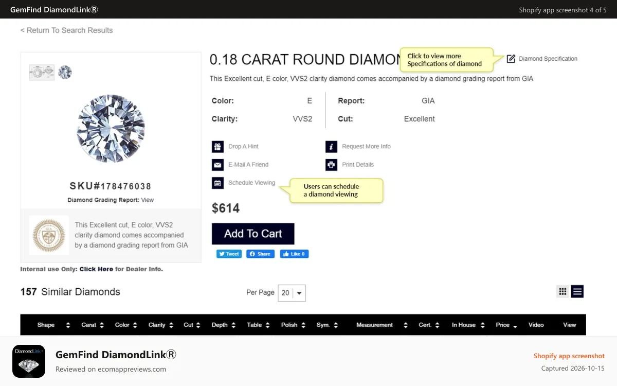 GemFind DiamondLinkⓇ Shopify app screenshot: Default Diamond Details Landing Page