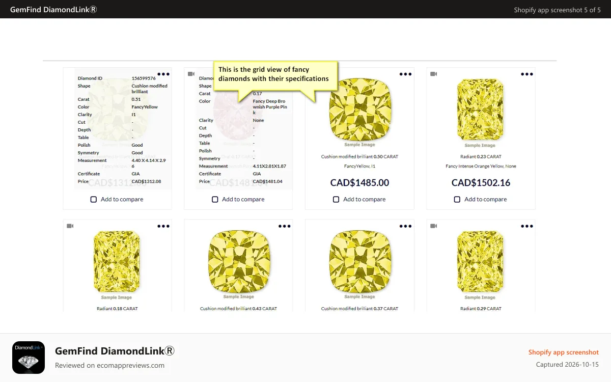 GemFind DiamondLinkⓇ Shopify app screenshot: Diamond Result List View