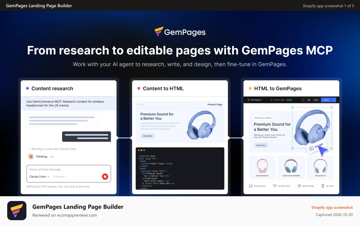 GemPages Landing Page Builder Shopify app screenshot: GemPages MCP turns AI research and HTML into an editable product