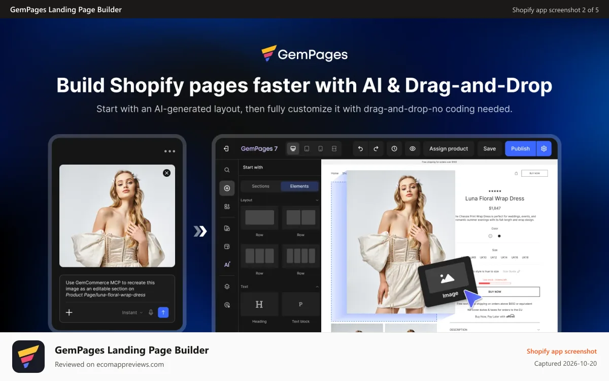 GemPages Landing Page Builder Shopify app screenshot: AI & drag-and-drop editor converts a reference image into an edi