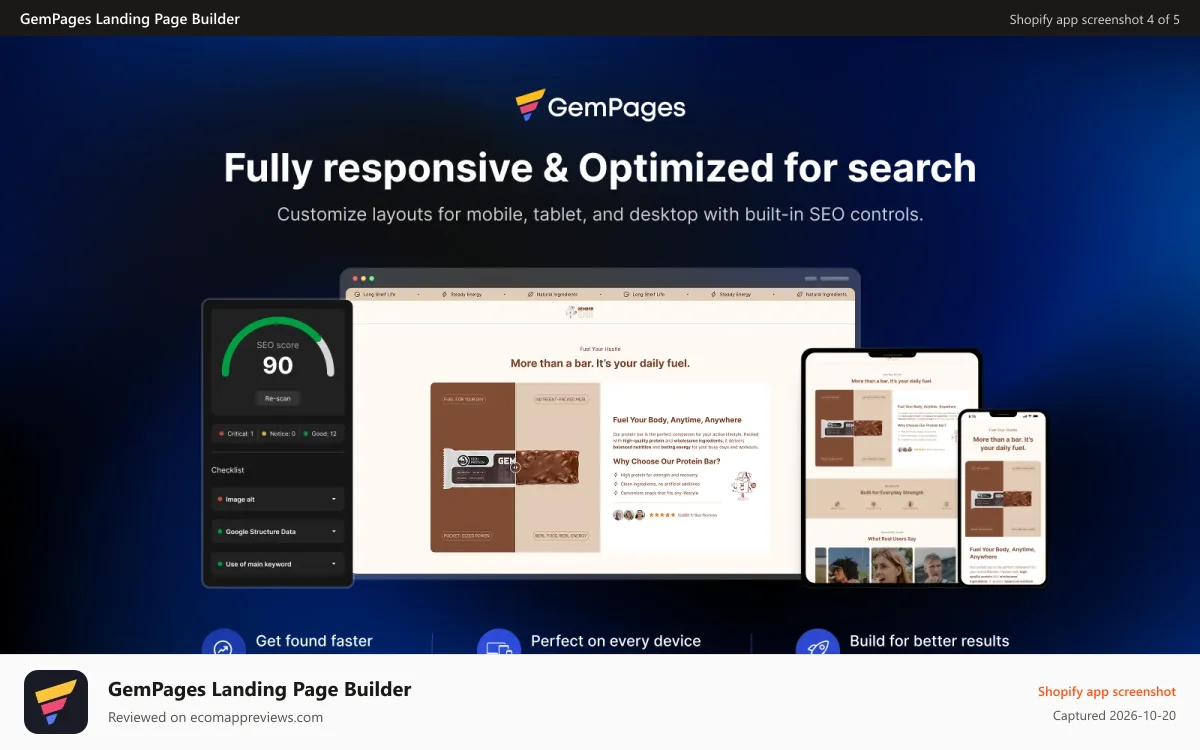 GemPages Landing Page Builder Shopify app screenshot: Responsive GemPages editor with built-in SEO controls.