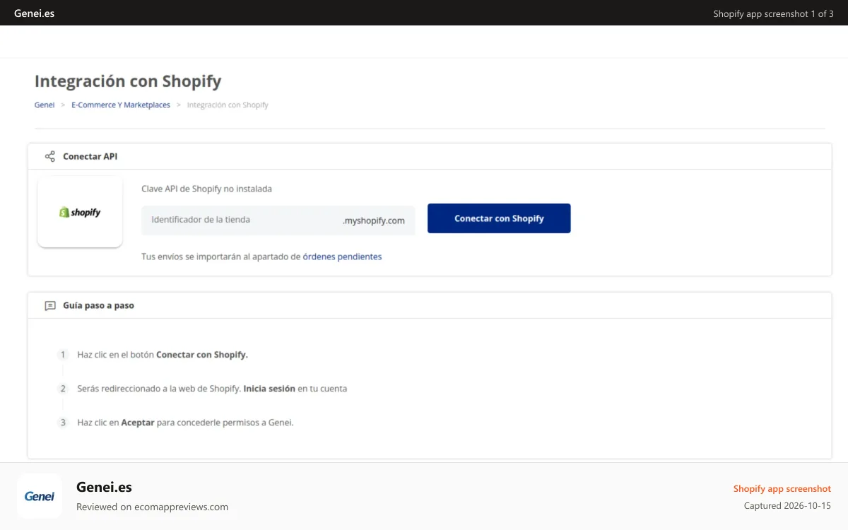 Genei.es Shopify app screenshot: Conexión con la API