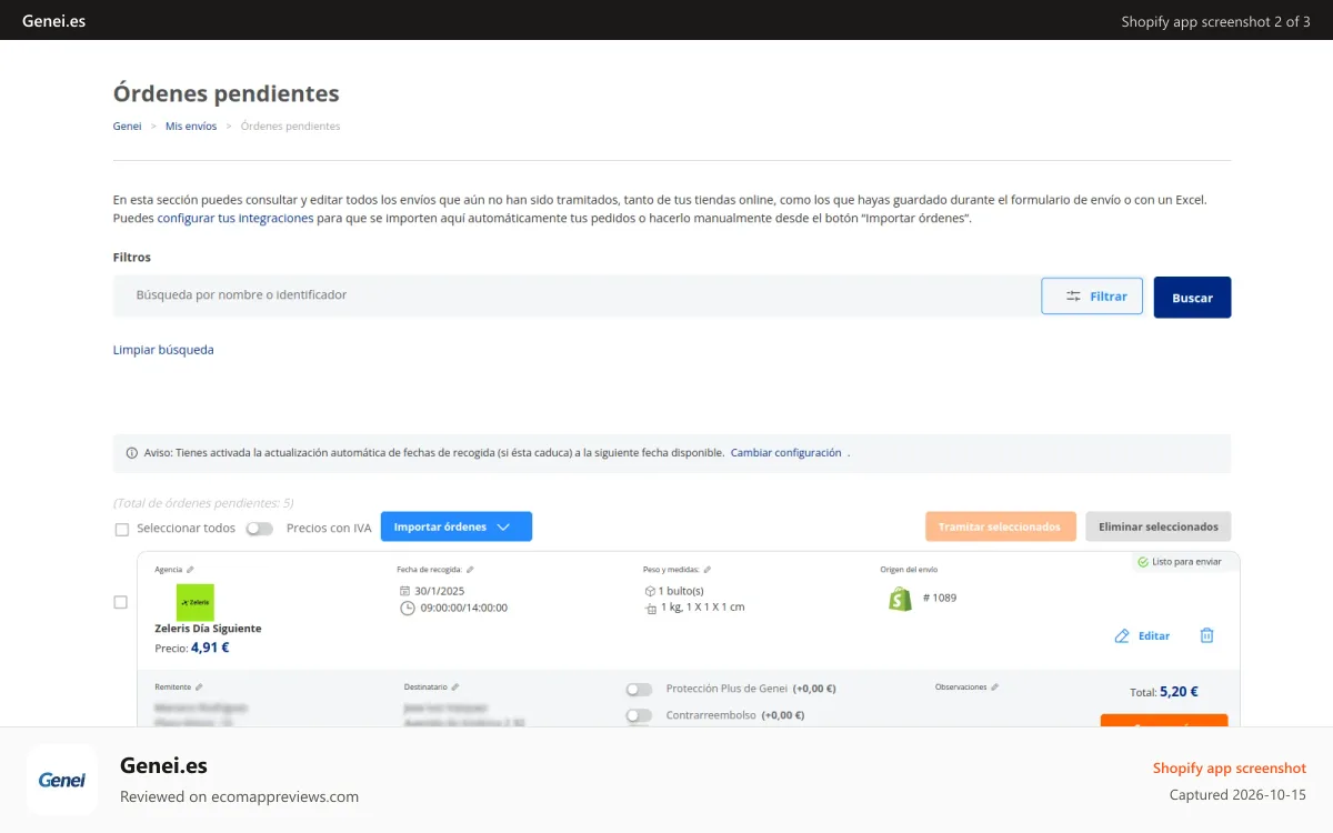 Genei.es Shopify app screenshot: Carga de envíos