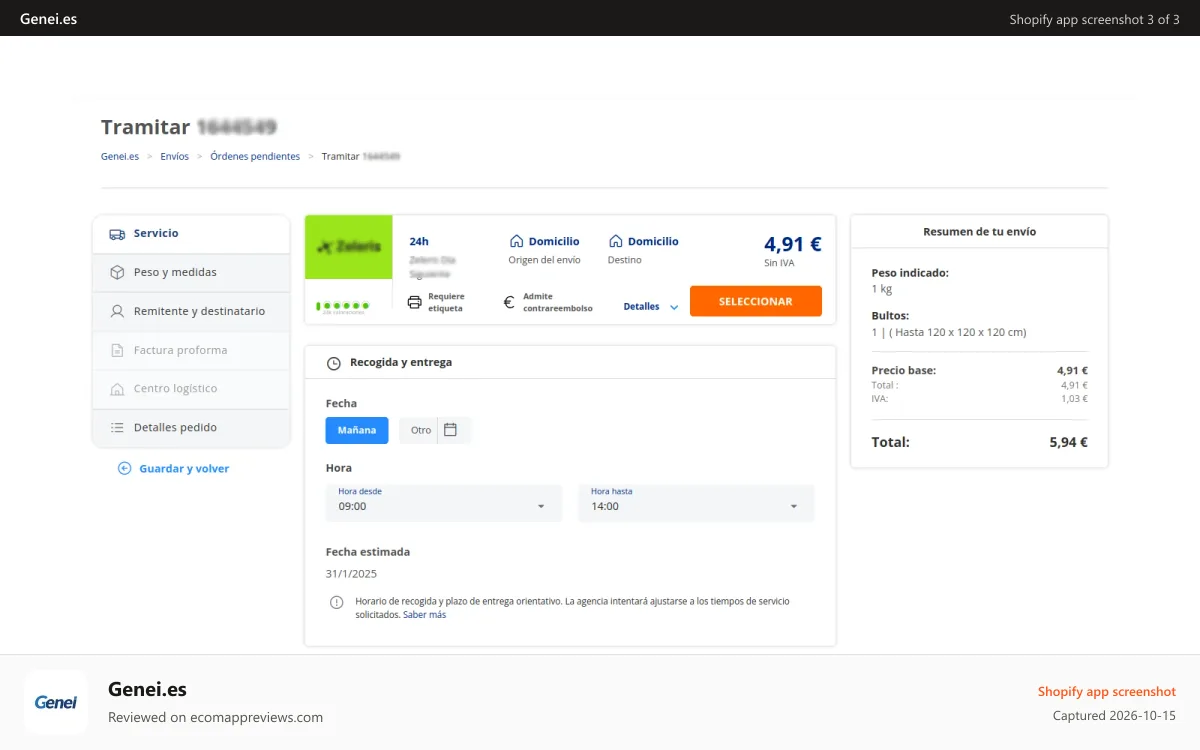 Genei.es Shopify app screenshot: Detalles