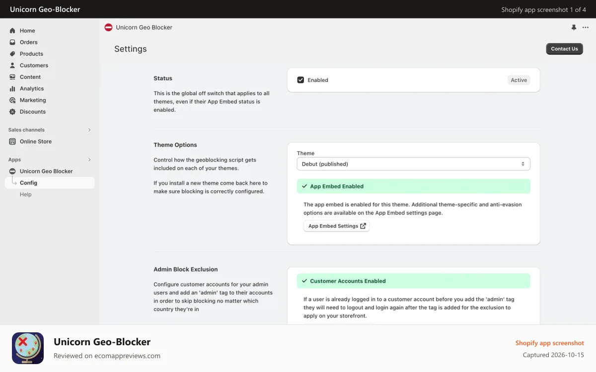 Unicorn Geo‑Blocker Shopify app screenshot: Simple admin interface provides you with full control