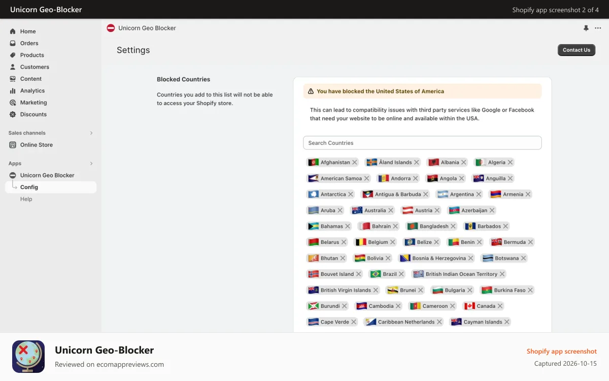 Unicorn Geo‑Blocker Shopify app screenshot: Detect and block over 250 countries and regions