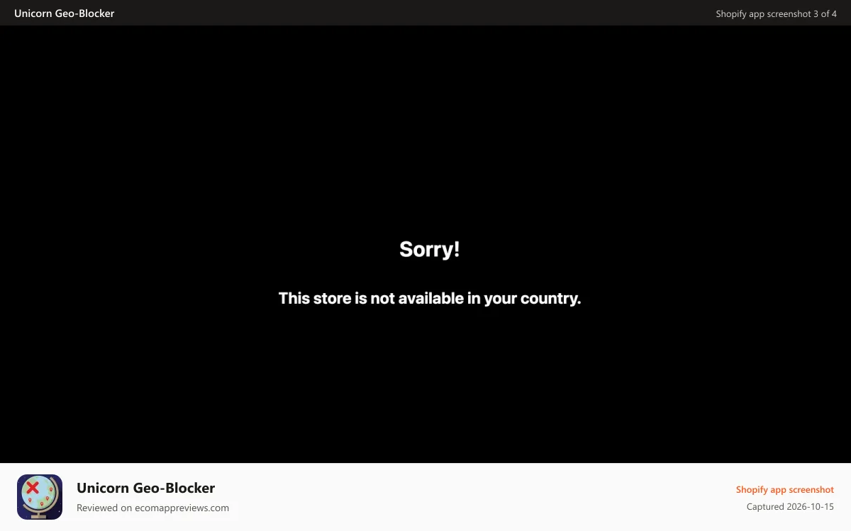 Unicorn Geo‑Blocker Shopify app screenshot: Unique anti-spoofing techniques