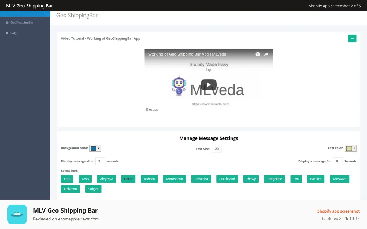 MLV Geo Shipping Bar Shopify app screenshot: Desktop Admin