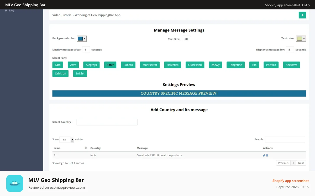 MLV Geo Shipping Bar Shopify app screenshot: Desktop Admin 1