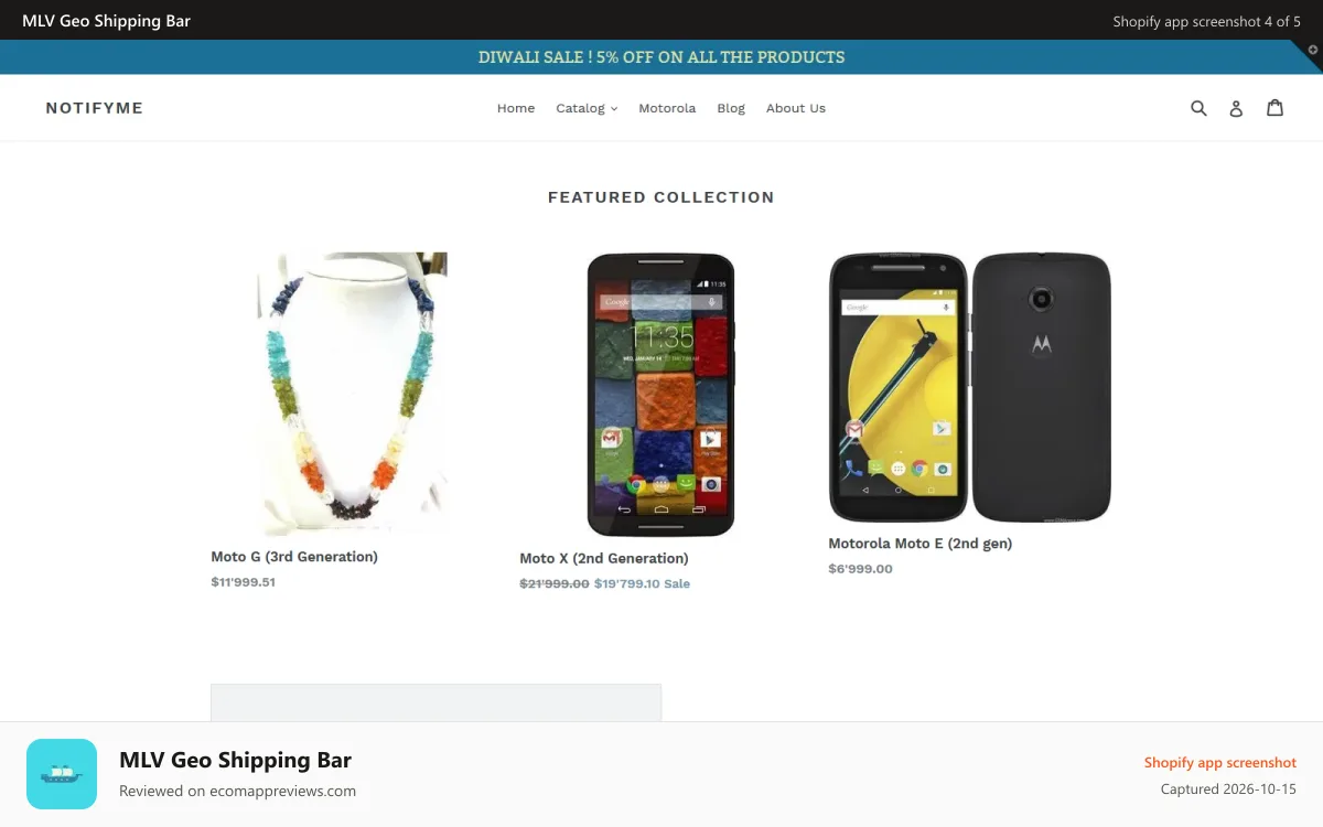 MLV Geo Shipping Bar Shopify app screenshot: Desktop Home