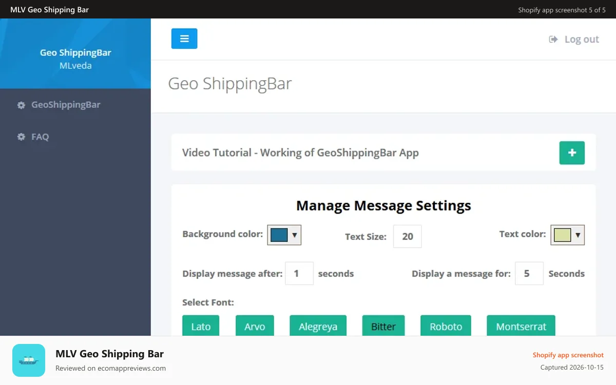 MLV Geo Shipping Bar Shopify app screenshot: Mobile Admin
