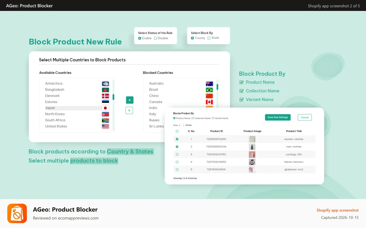 AGeo: Product Blocker Shopify app screenshot: AGeo Product & Section Blocker Create New Rule