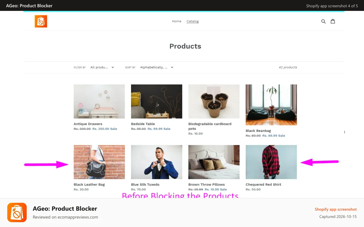 AGeo: Product Blocker Shopify app screenshot: AGeo Product & Section Blocker Blocked Products