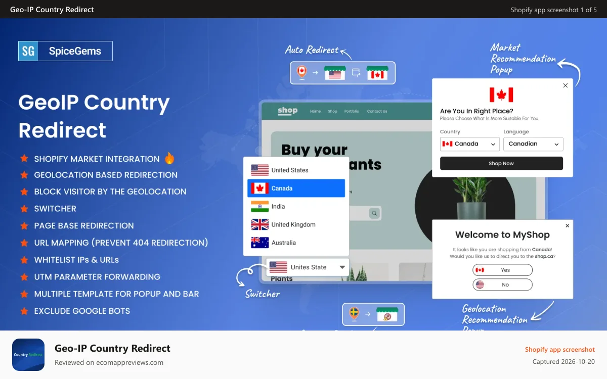 Geo‑IP Country Redirect Shopify app screenshot: GeoIP Country Redirect