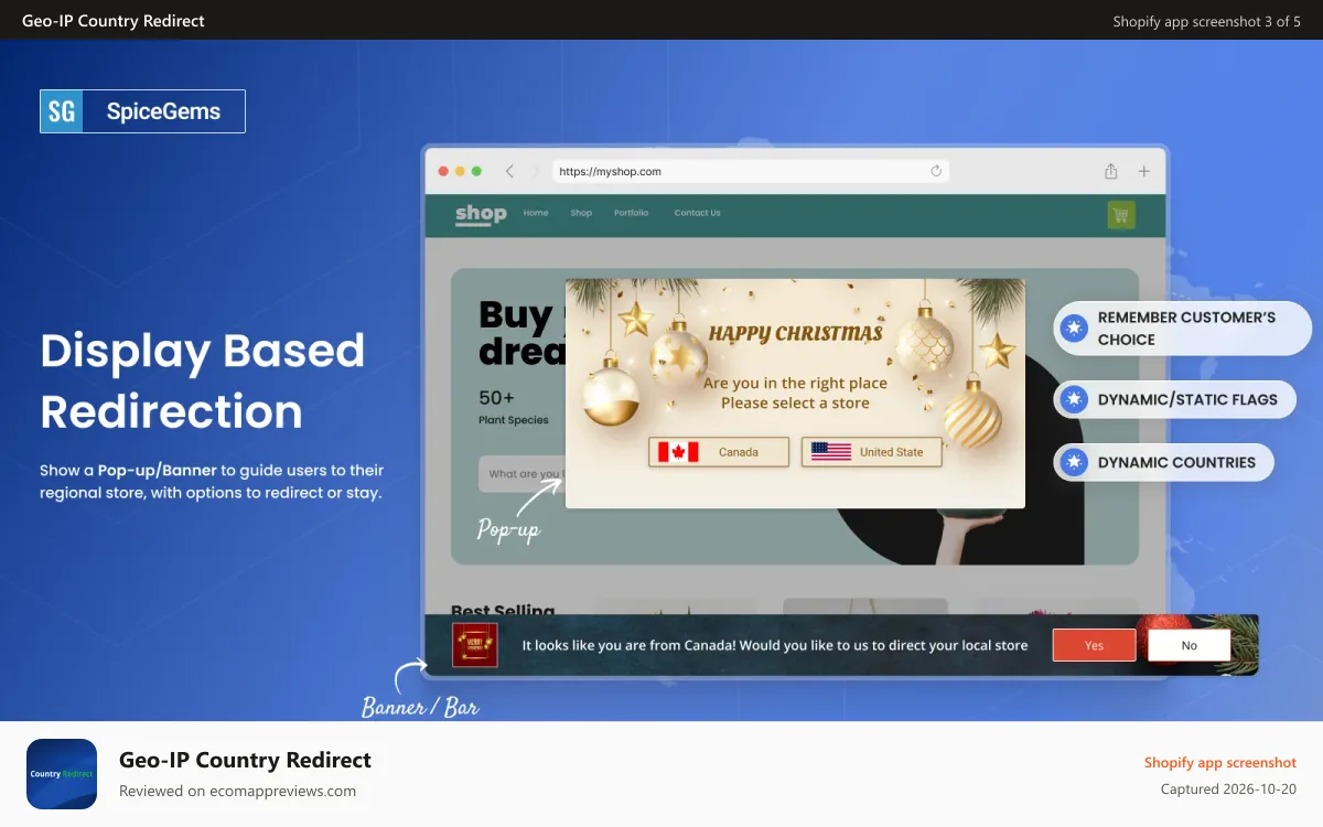 Geo‑IP Country Redirect Shopify app screenshot: Display Redirect Message in a Popup - Shopify