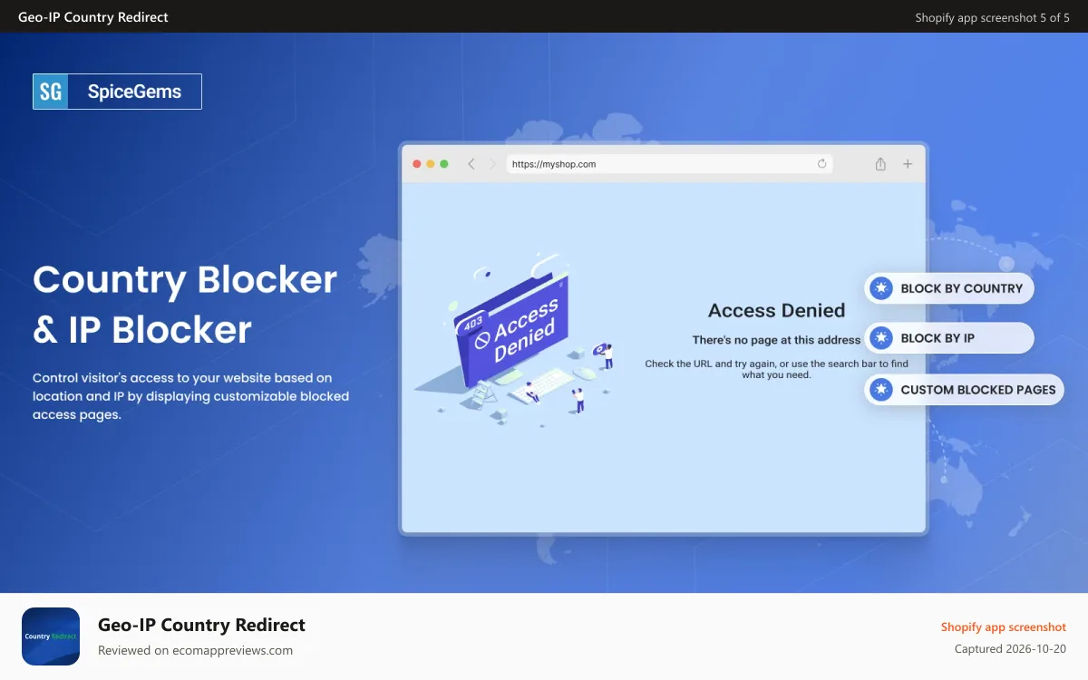 Geo‑IP Country Redirect Shopify app screenshot: Block Countries
