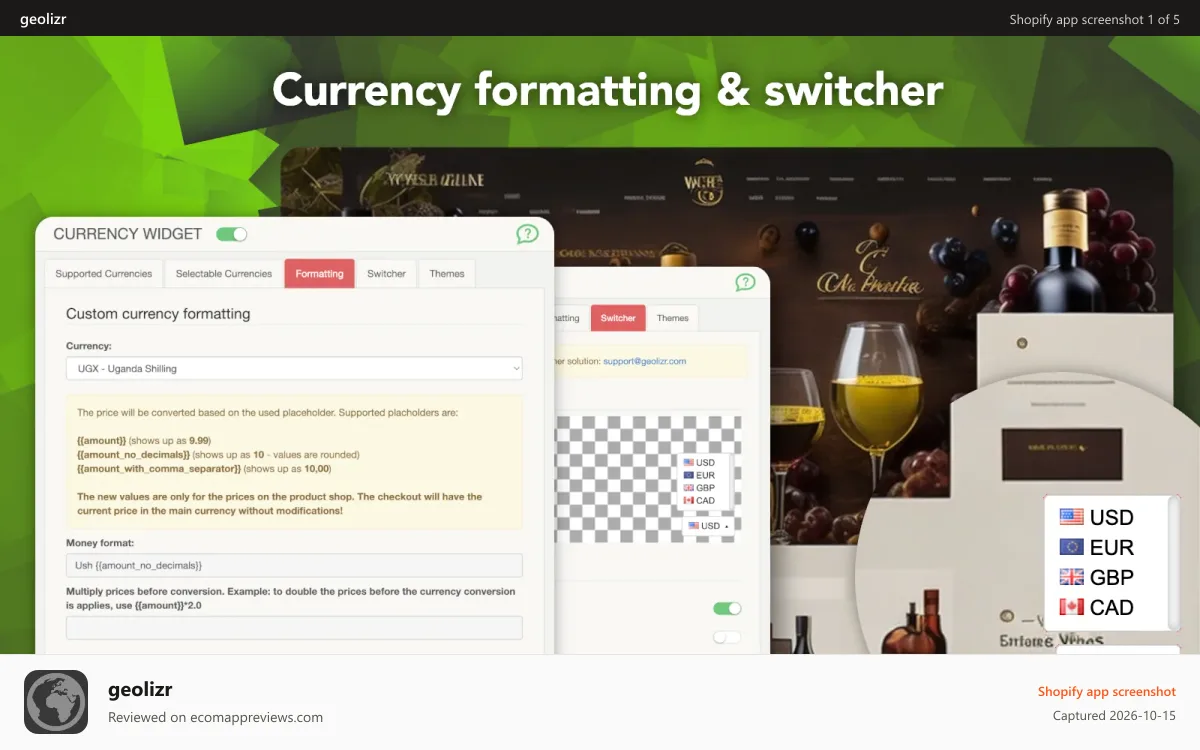 geolizr Shopify app screenshot: Geolizr currency widget