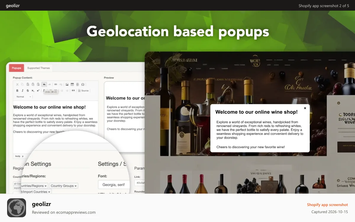 geolizr Shopify app screenshot: Geolizr popup widget