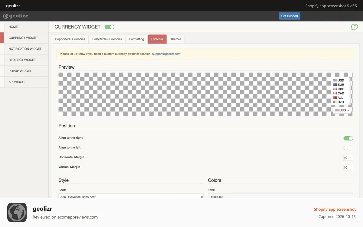 geolizr Shopify app screenshot: currency switcher