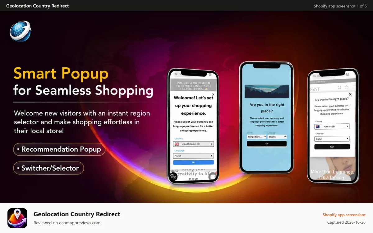 Geolocation Country Redirect Shopify app screenshot: Geolocation currency switcher selector shopify markets