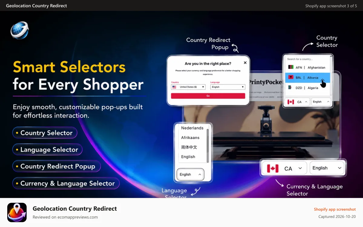 Geolocation Country Redirect Shopify app screenshot: Customize templates of language selector and currency selector