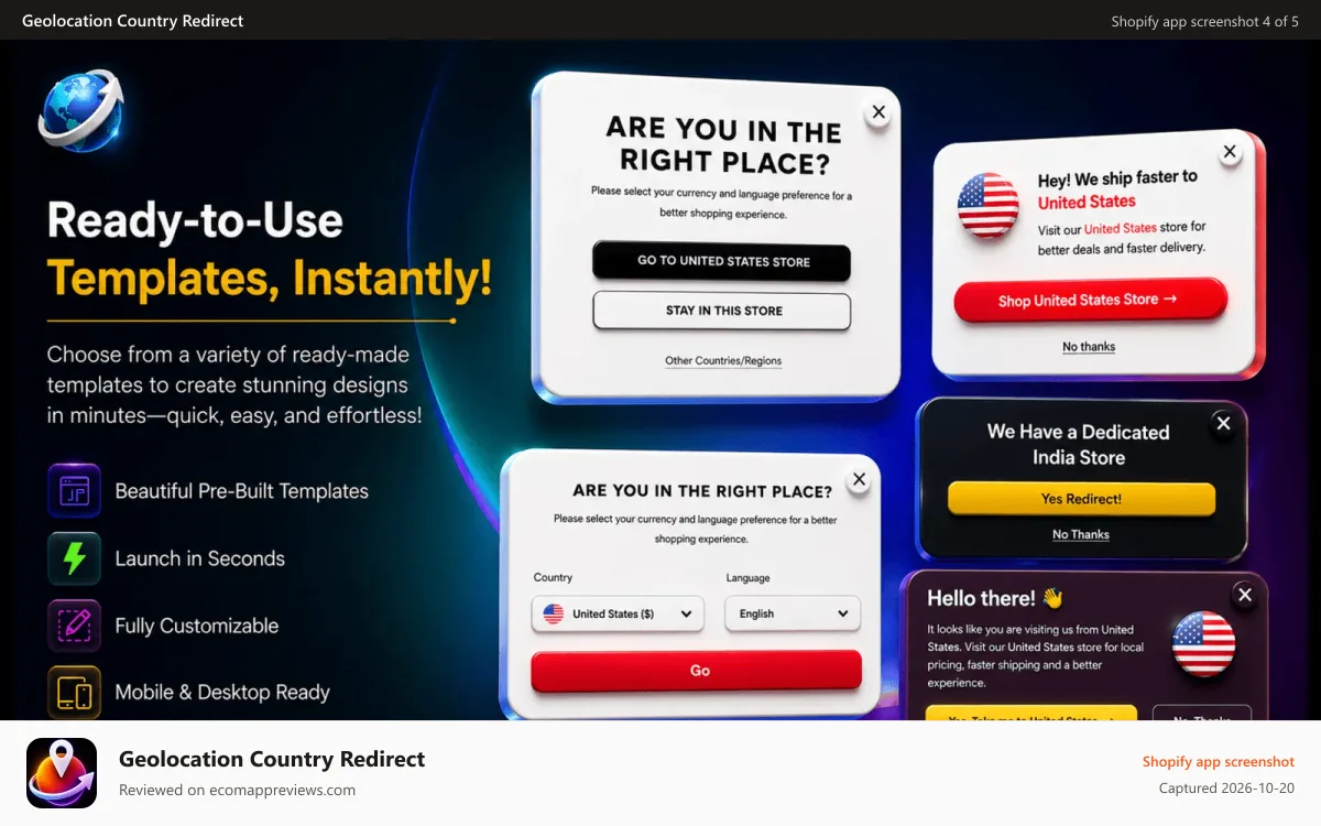 Geolocation Country Redirect Shopify app screenshot: Customizable geo currency switcher popups