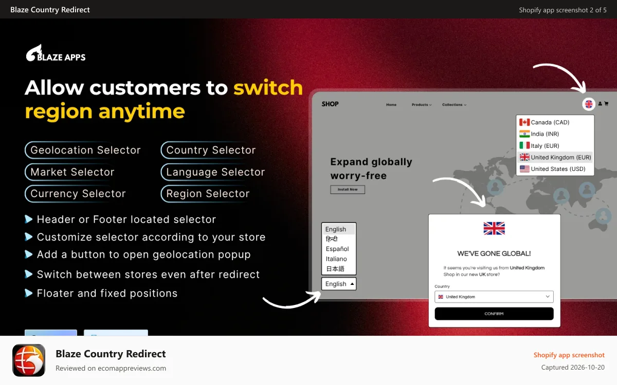 Blaze Country Redirect Shopify app screenshot: Auto geolocation redirect and welcome popup and country selector