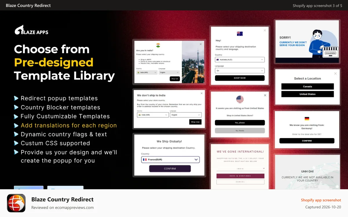 Blaze Country Redirect Shopify app screenshot: Currency, language and country selector for Shopify Markets