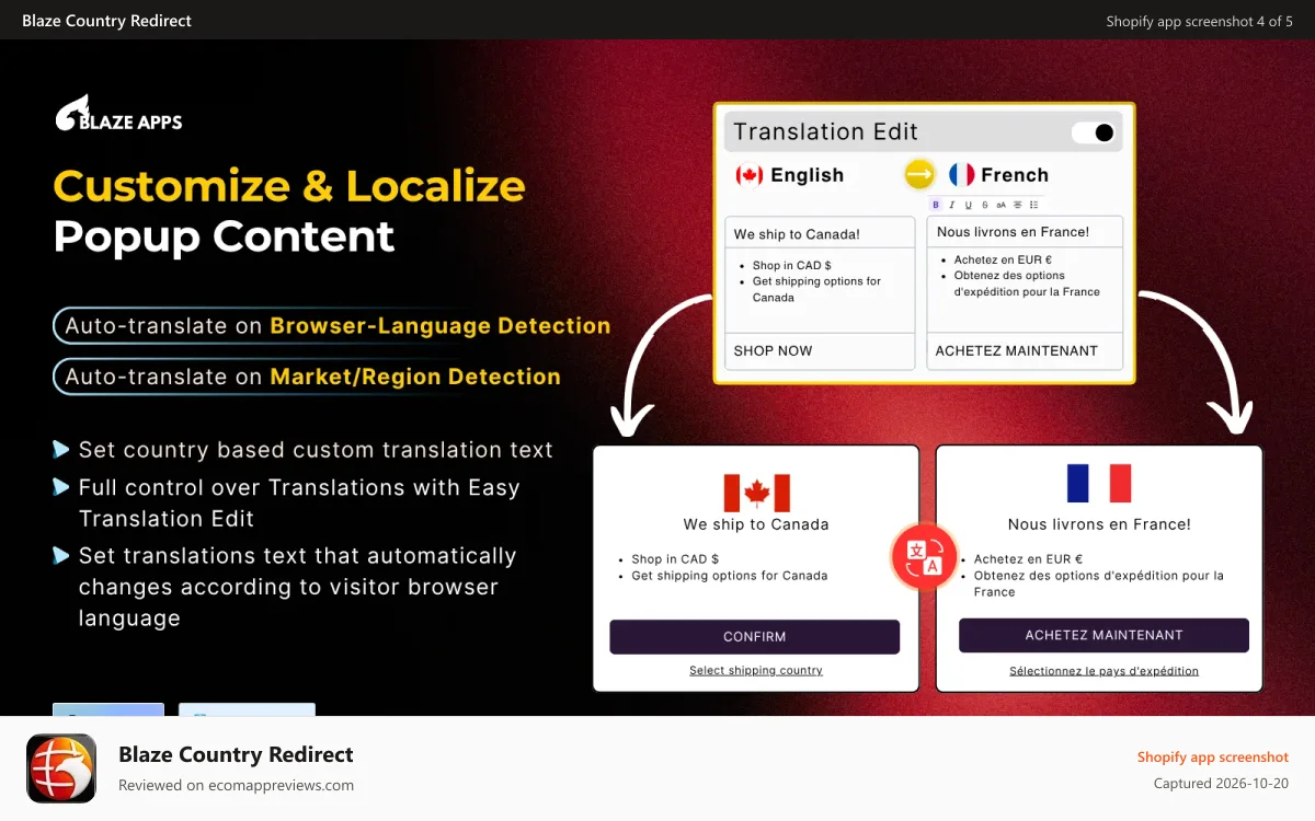 Blaze Country Redirect Shopify app screenshot: Multi-store redirect by GeoIP redirect visitors to another store