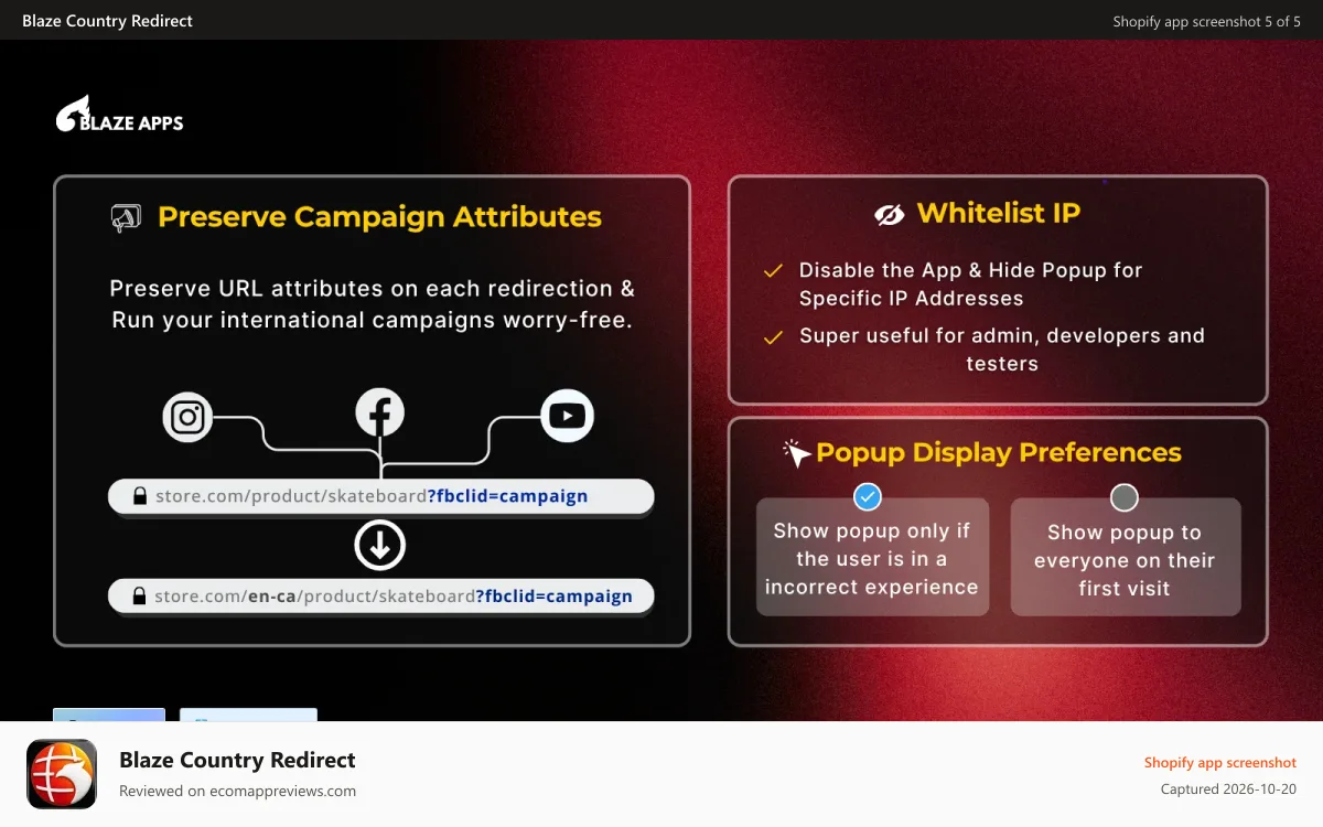 Blaze Country Redirect Shopify app screenshot: Geolocation country redirects to expansion stores