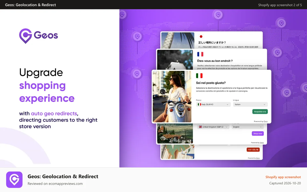Geos: Geolocation & Redirect Shopify app screenshot: Auto geolocation redirect with popup