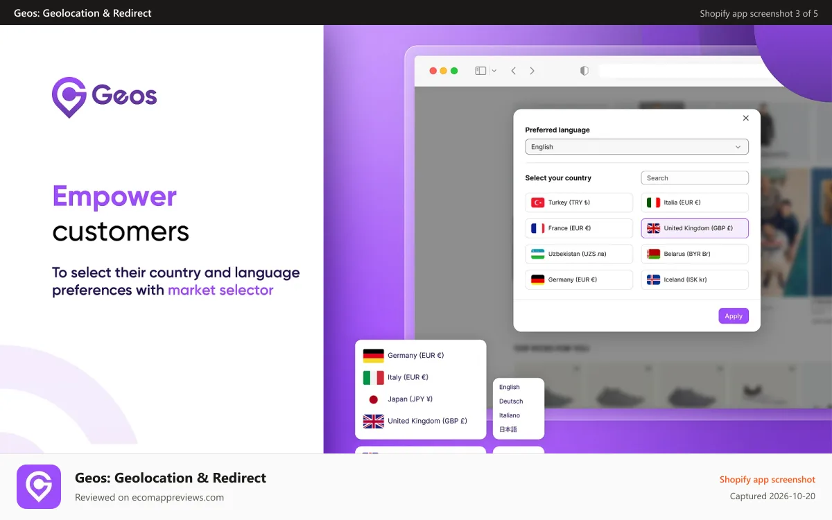 Geos: Geolocation & Redirect Shopify app screenshot: Country, language, currency dropdown and modal selectors