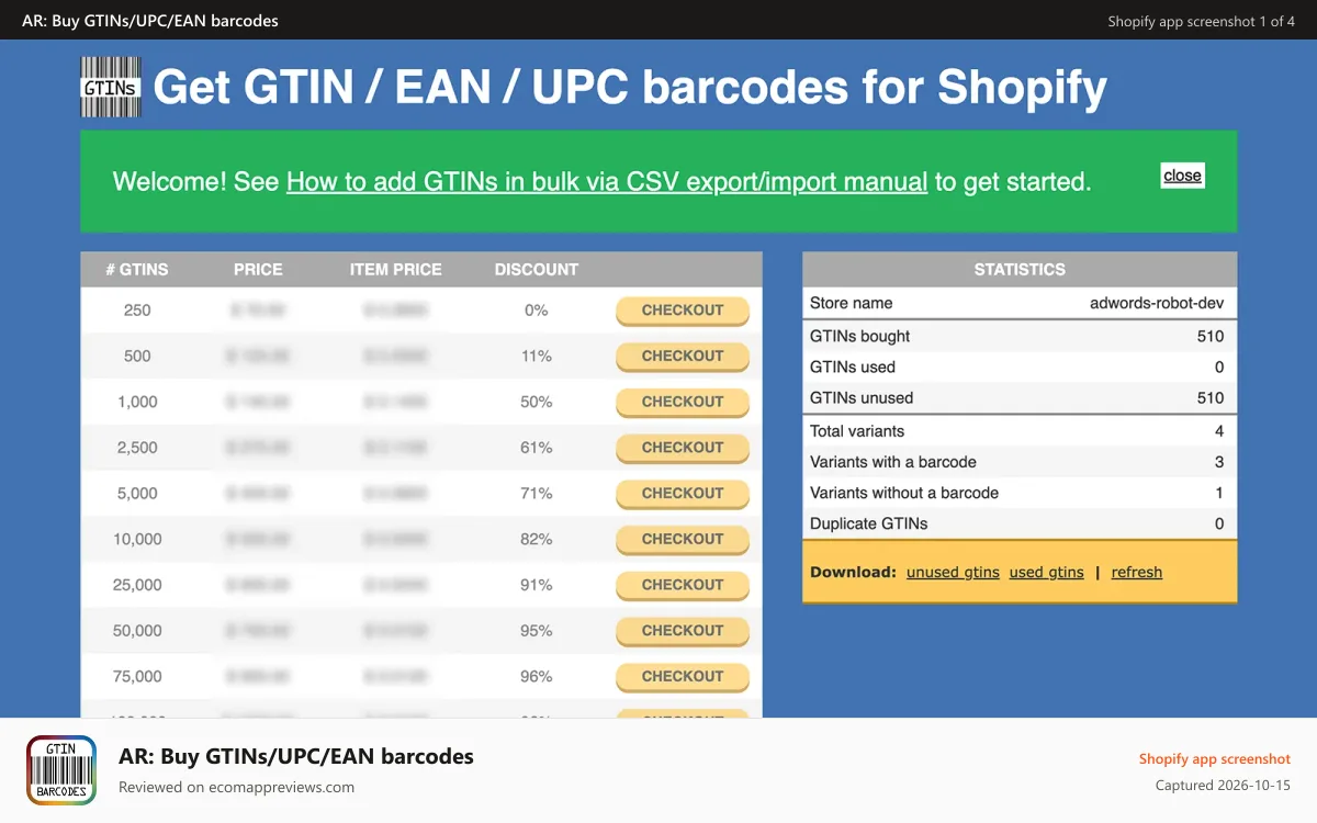 AR: Buy GTINs/UPC/EAN barcodes Shopify app screenshot: Get GTINs in bulk for very low price