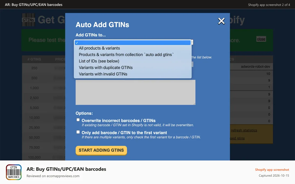 AR: Buy GTINs/UPC/EAN barcodes Shopify app screenshot: Add GTINs automatically to save time